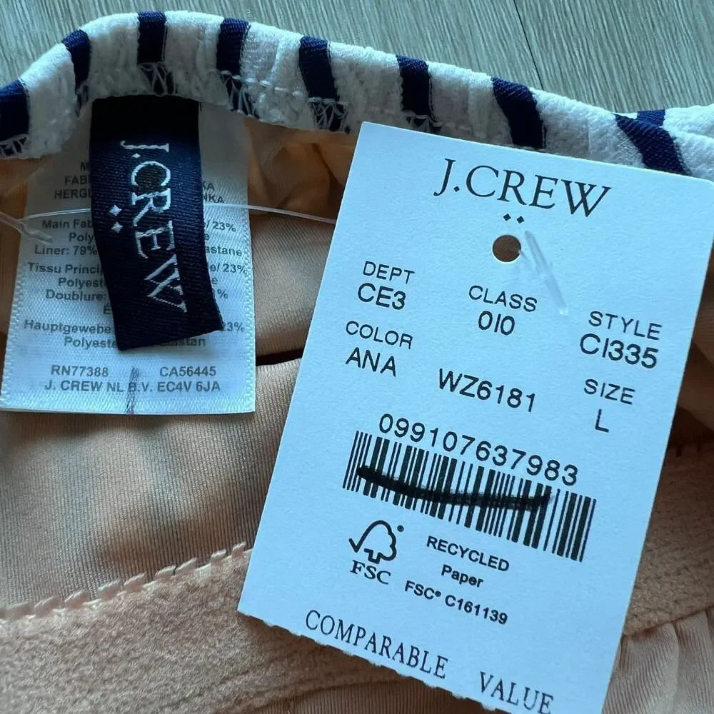 J Crew Factory Striped Tie Shoulder One Piece Swimsuit Large Antique Navy White